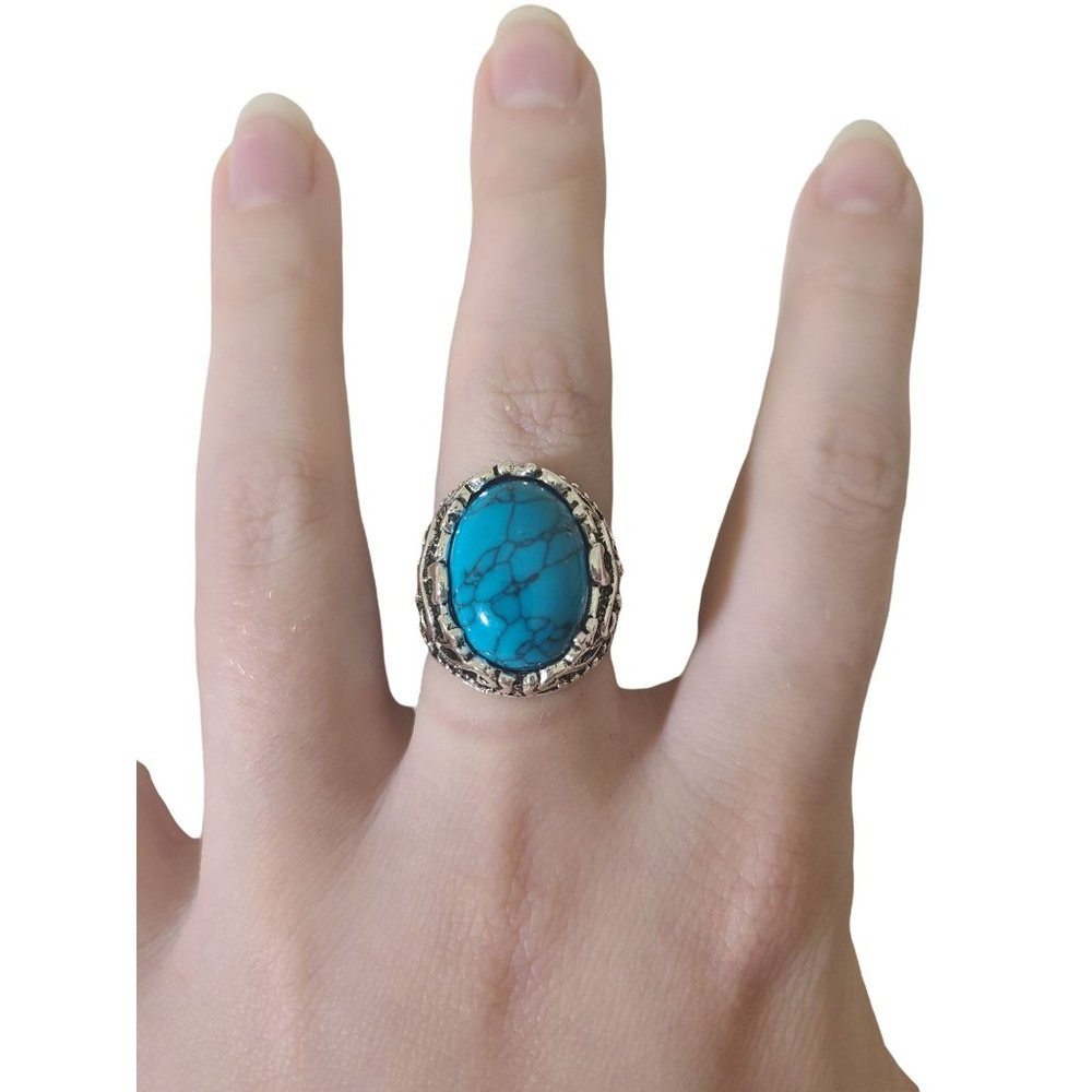 Blue Ring, Metal with Detailed Design Boho Jewelry Bohemian